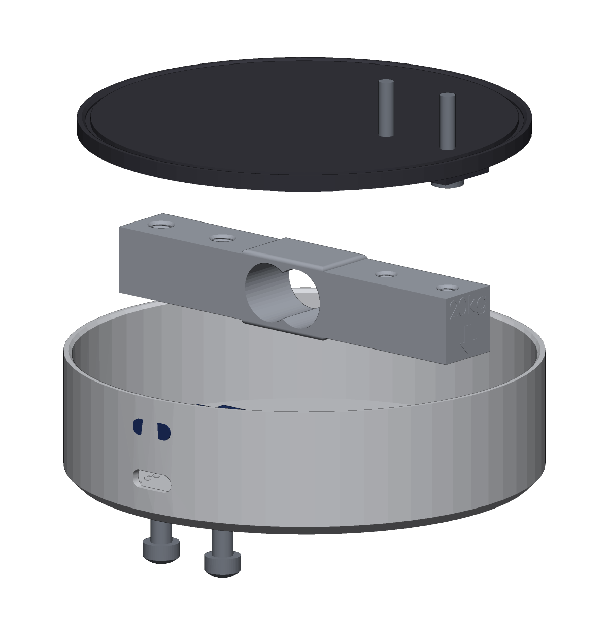 Exploded view showing top plate, load cell, case and base screws