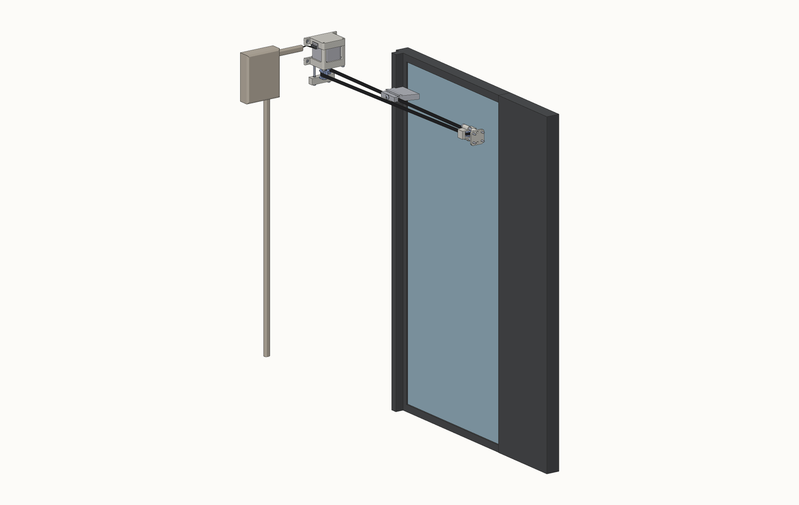Installed assembly: motor and idler brackets mounted to the wall, belt running to a clamp on the window's stile