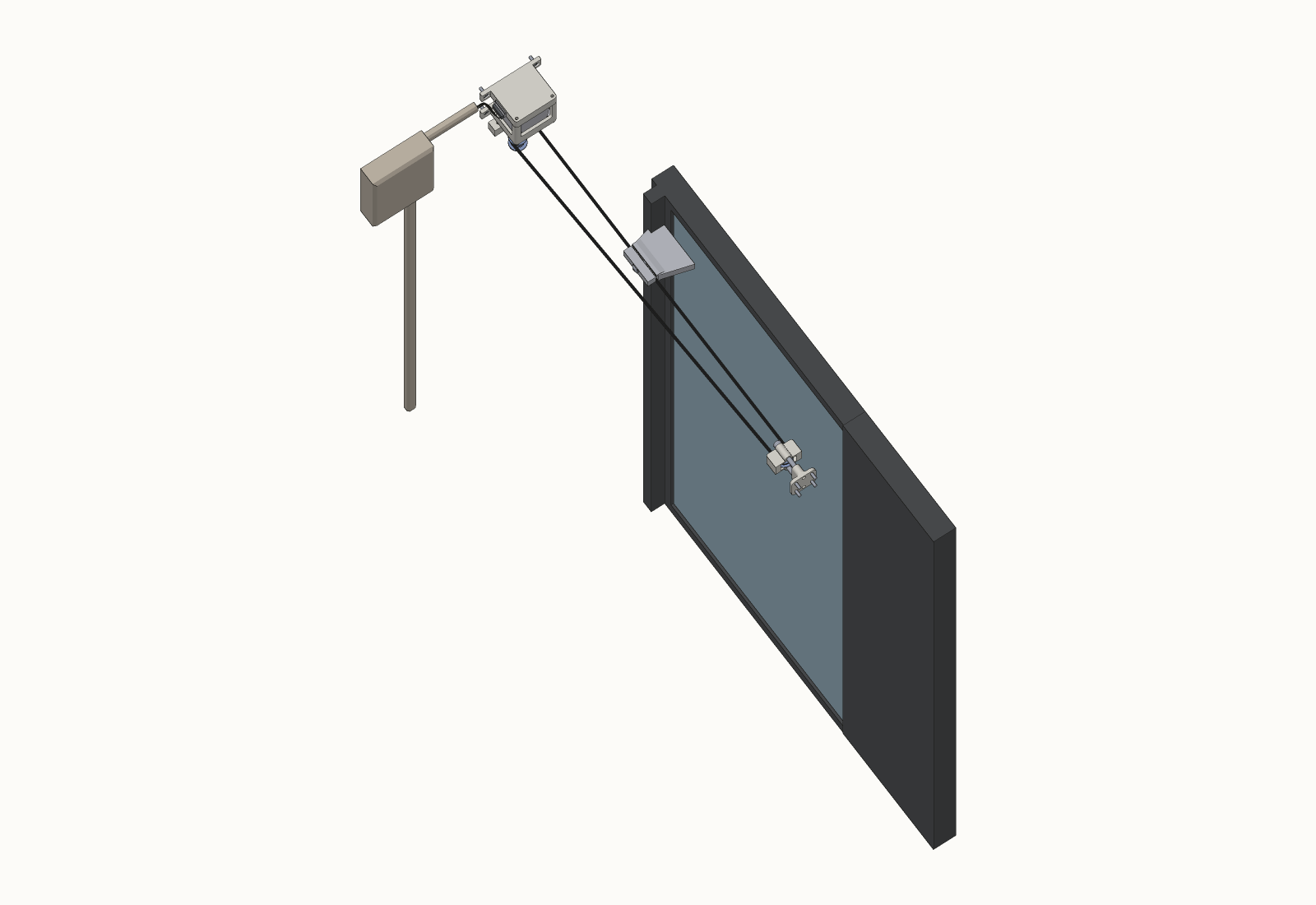 Plan view of the complete installation: motor unit on the left jamb, idler bracket on the right, belt clamp on the panel's stile